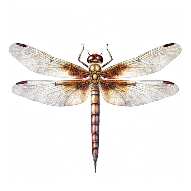 A drawing of a dragonfly with wings that have red and brown on the sides.