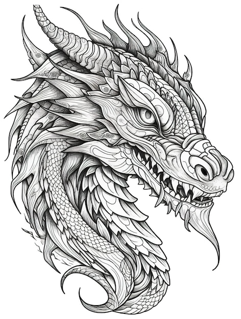 A drawing of a dragons head AI generative image Coloring book pattern