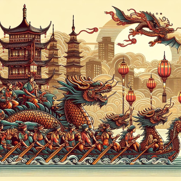 a drawing of dragons with chinese lanterns on the top