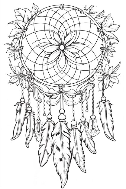 a drawing of a dream catcher with feathers and feathers generative ai