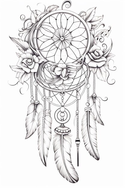 a drawing of a dream catcher with flowers and feathers generative ai