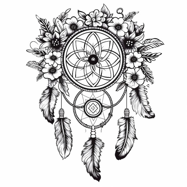 Photo a drawing of a dream catcher with flowers and feathers generative ai