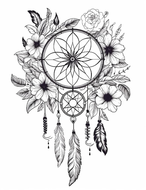 a drawing of a dream catcher with flowers and feathers generative ai