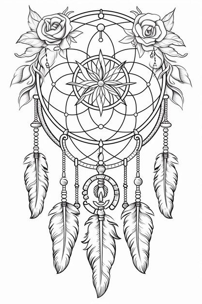 a drawing of a dream catcher with roses and feathers generative ai