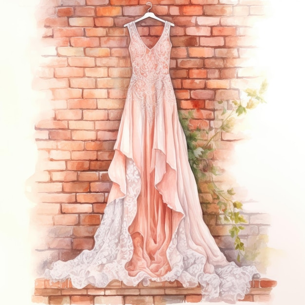 a drawing of a dress hanging on a brick wall.