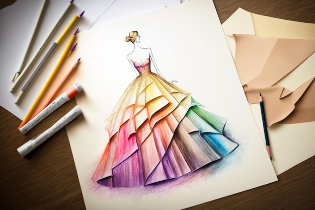 A drawing of a dress with colored pencils on a table.