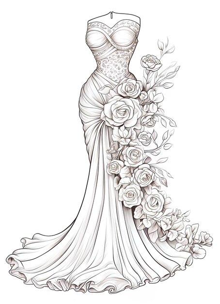 a drawing of a dress with flowers and the word  the bride  on it