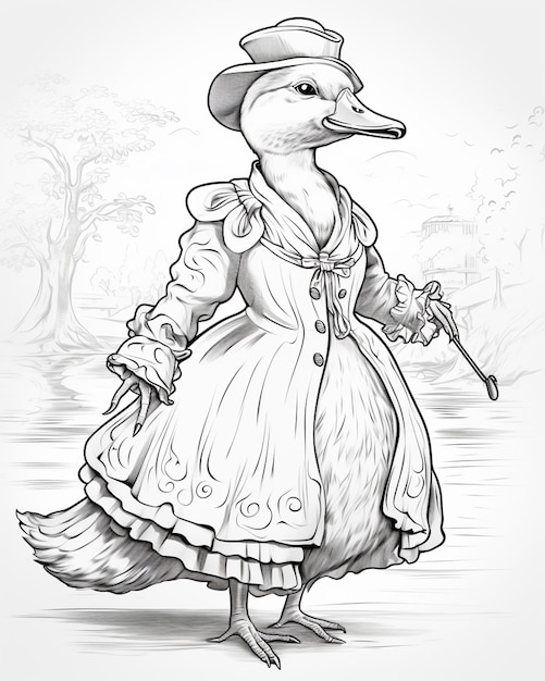 drawing of a duck dressed in a dress and hat with a cane generative ai