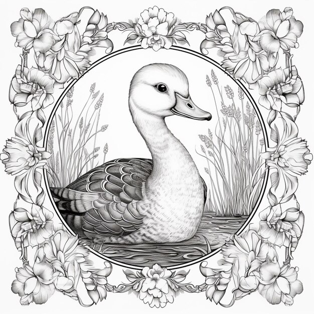 a drawing of a duck in a frame with flowers and grass generative ai