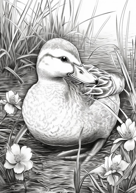 drawing of a duck in a pond with flowers and grass generative ai