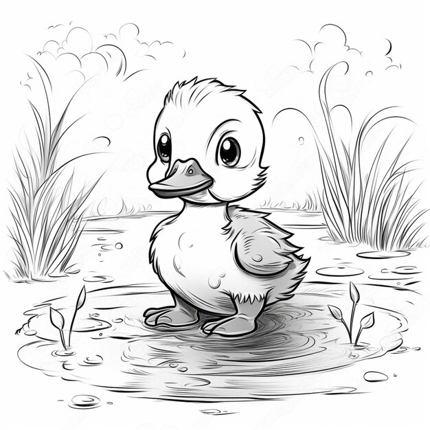 Photo a drawing of a duck in a pond with water and grass generative ai