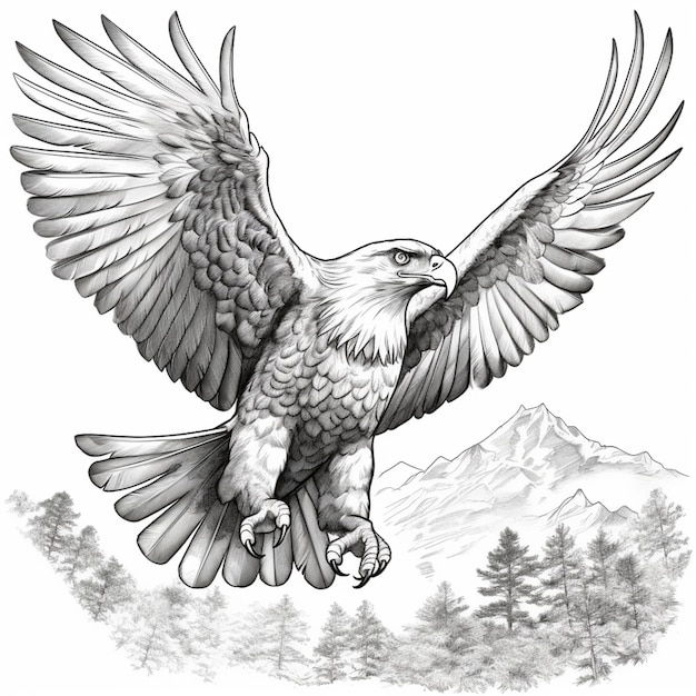 Photo a drawing of an eagle flying over a mountain range generative ai