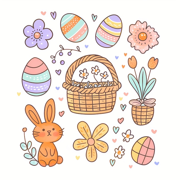 中央にウサギがいるイースターの卵と花の絵