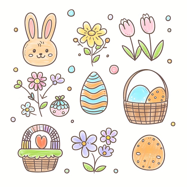 イースターの卵と花の絵で上にウサギが描かれています