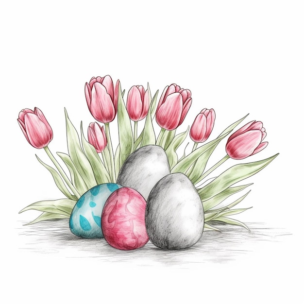 A drawing of easter eggs with pink tulips on the bottom.