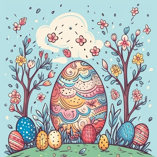 a drawing of easter eggs with a sky and flowers