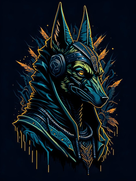 A drawing of an egyptian dog wearing a headphones.