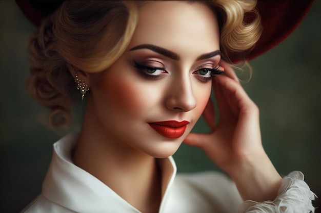 Drawing of an elegant woman with red lips and captivating gaze with perfect skin Ai generated