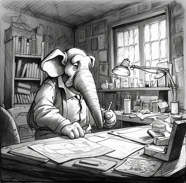 Drawing of an elephant sitting at a desk with a laptop generative ai