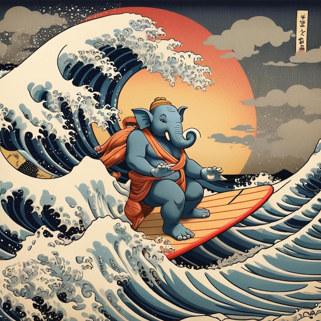 Photo a drawing of a elephant on a surfboard with the waves and moon