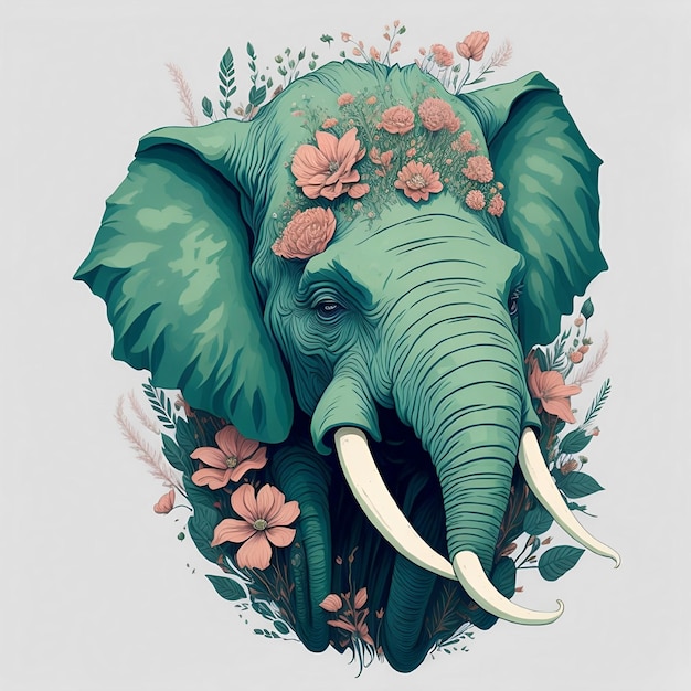 A drawing of an elephant with flowers on it