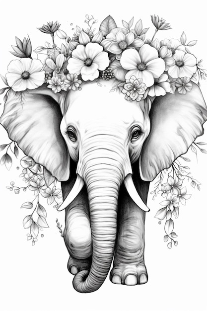 a drawing of an elephant with flowers on its head generative ai