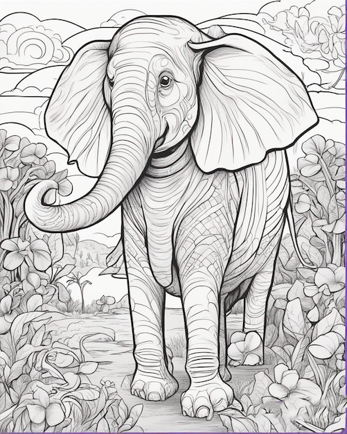 Photo a drawing of an elephant with a line drawing of a baby elephant coloring book