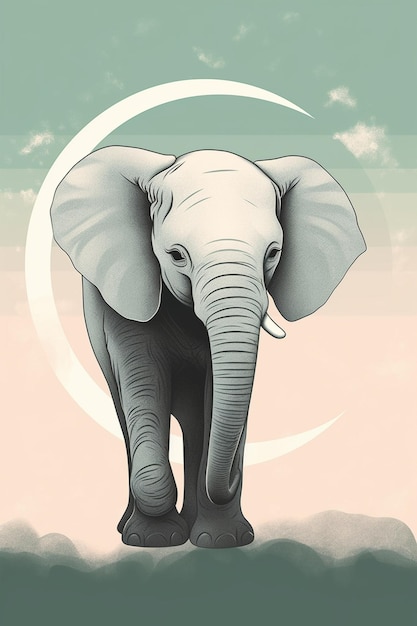 A drawing of an elephant with the moon in the background.