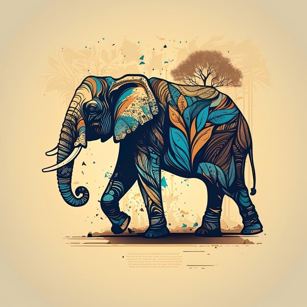 a drawing of an elephant with a tree in the background