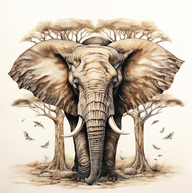 a drawing of an elephant with tusks and trees in the background.