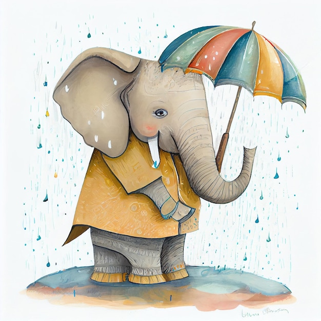 A drawing of an elephant with an umbrella in the rain