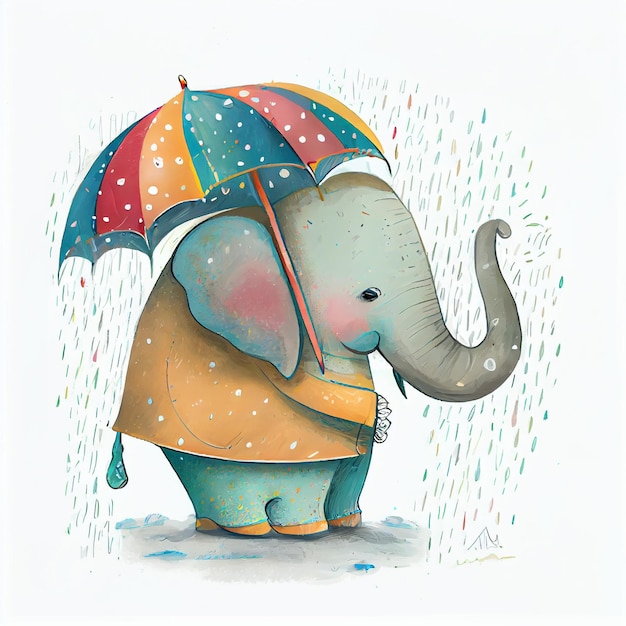 A drawing of an elephant with an umbrella in the rain