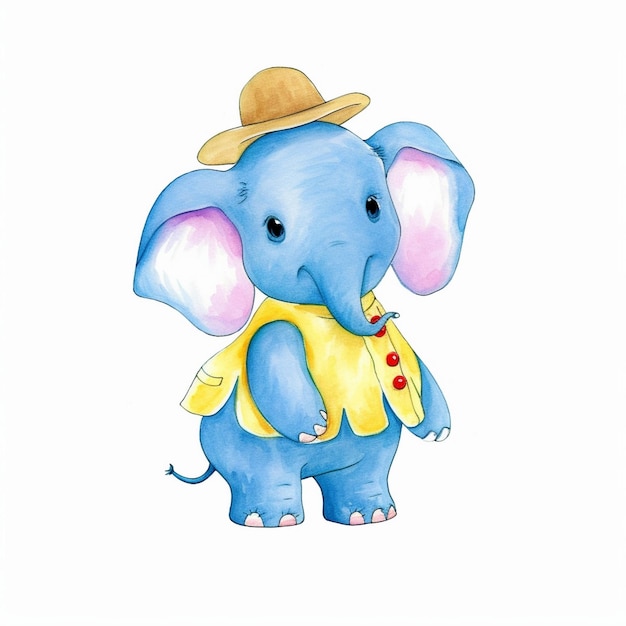 a drawing of an elephant with a yellow shirt and a hat.