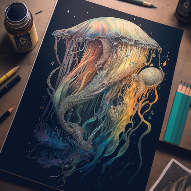 A drawing of a fabulous jellyfish on the artist's table Generative AI