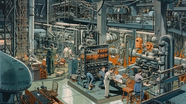 A drawing of a factory with a large machine labeled'the future of space '