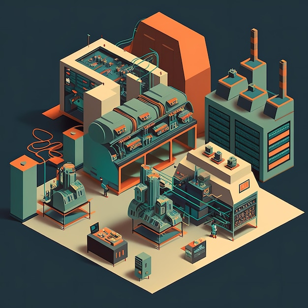 A drawing of a factory with a lot of things on it