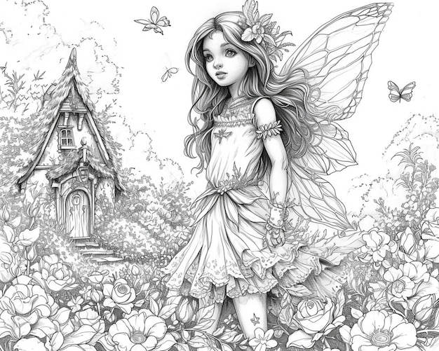 a drawing of a fairy girl in a garden with flowers and a house generative ai