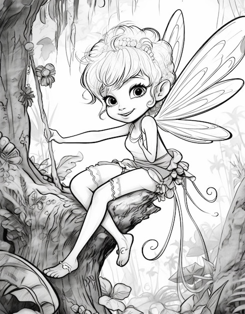 Photo a drawing of a fairy sitting on a tree branch generative ai