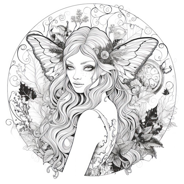 a drawing of a fairy with a butterfly on the face.