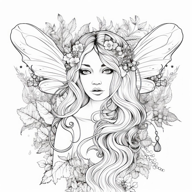 a drawing of a fairy with a butterfly on her head