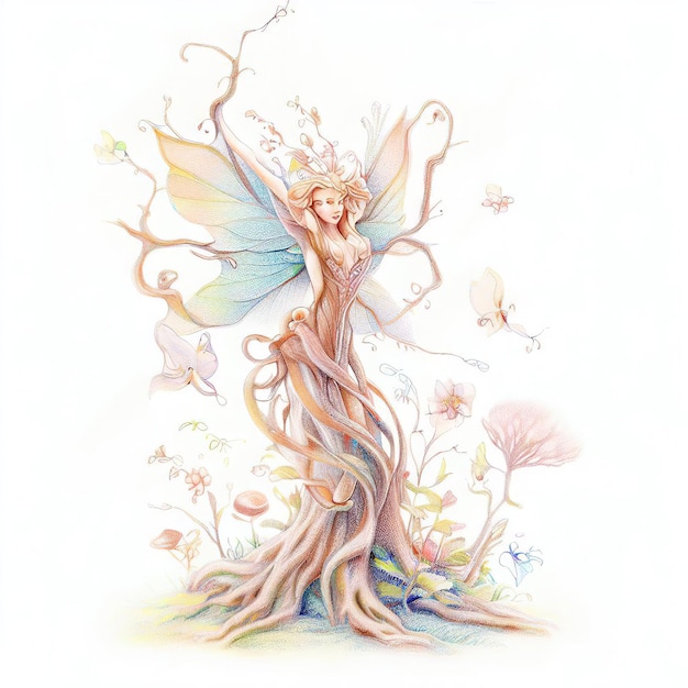 A drawing of a fairy with a tree on it