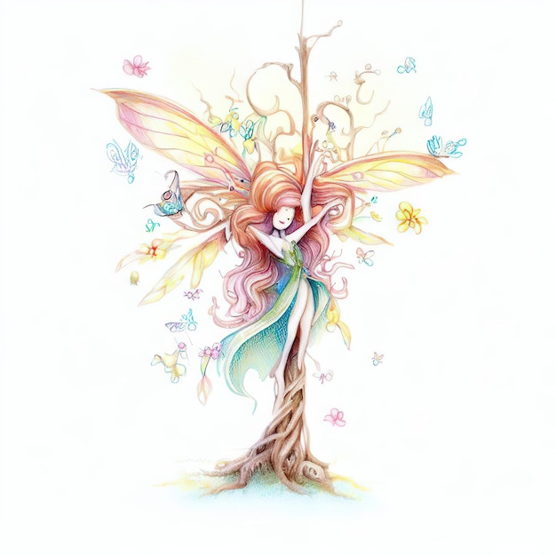 A drawing of a fairy with a tree trunk and butterflies on it.