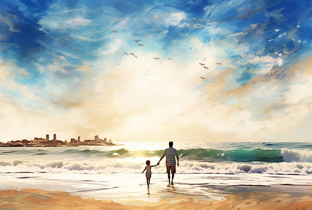 波が岸に打ち寄せるビーチにいる家族の絵