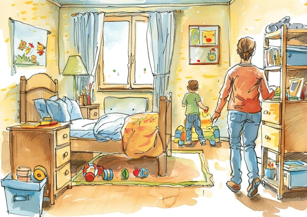 a drawing of a family in a bedroom with a child in the corner