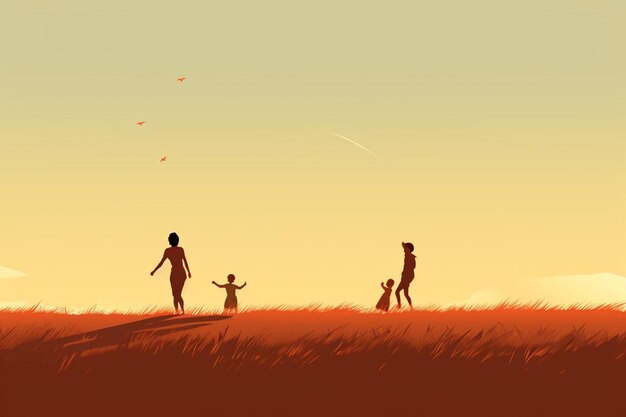 Photo a drawing of a family in a field with a sky background