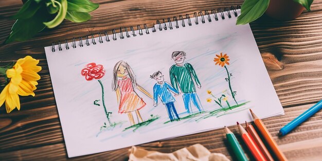 Photo a drawing of a family in a garden