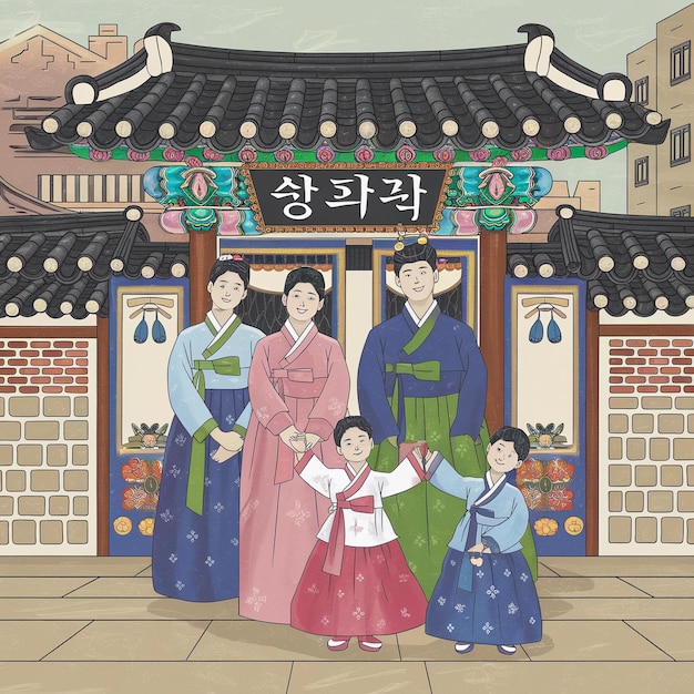 a drawing of a family posing in front of a building with asian writing on it