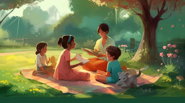 A drawing of a family reading in a park