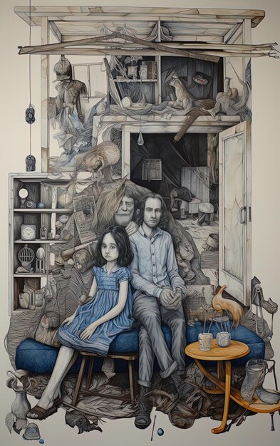 Photo a drawing of a family in a room with a man and a woman sitting on a couch