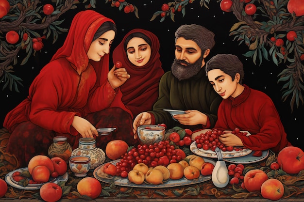 Drawing of a family sitting and eating celebrating Yalda night